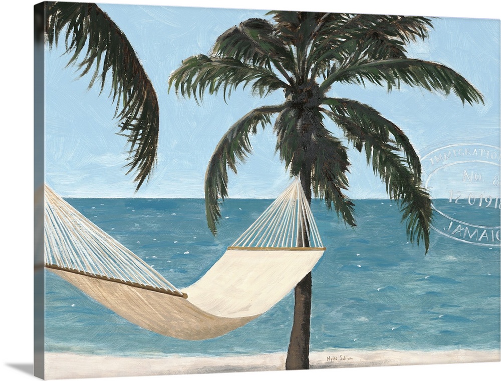 Painting of a hammock hanging between two palm trees overlooking the ocean.