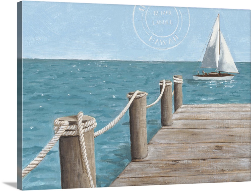 Painting of a dock leading out to the ocean with a sailboat in the distance.