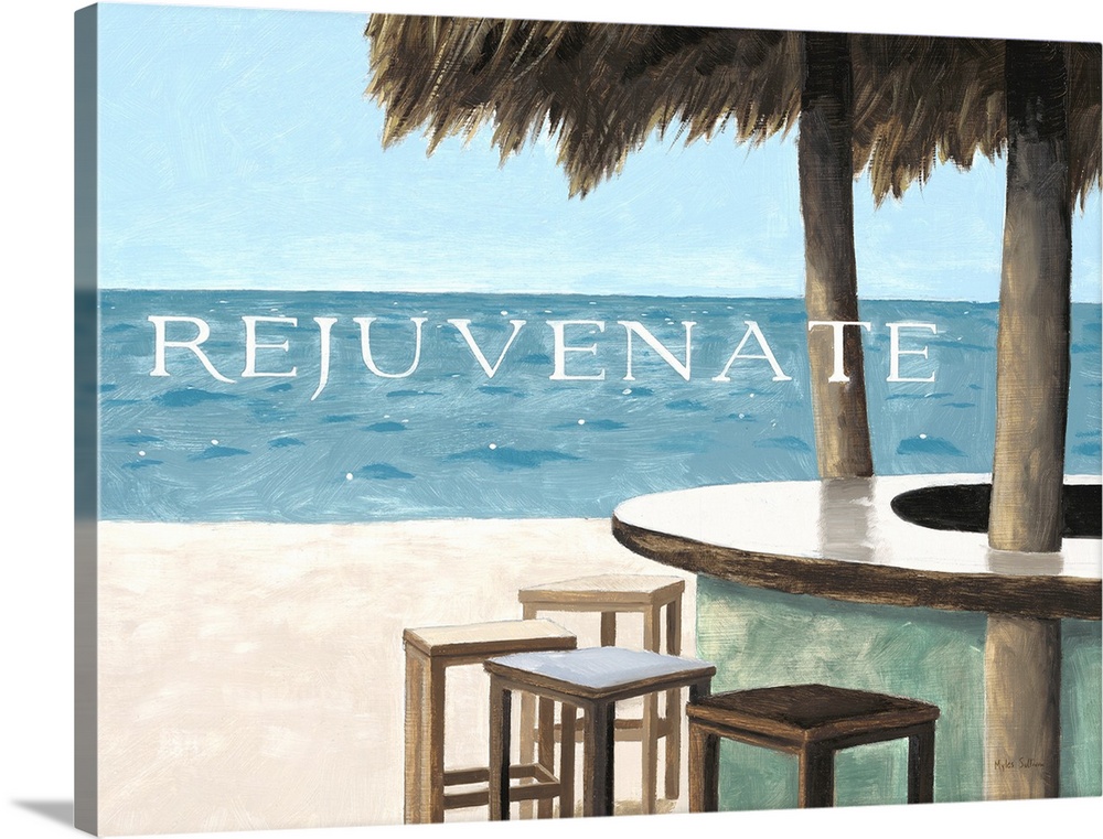 Painting of a oceanside bar overlooking the water and sandy beach, with the word "Rejuvenate."