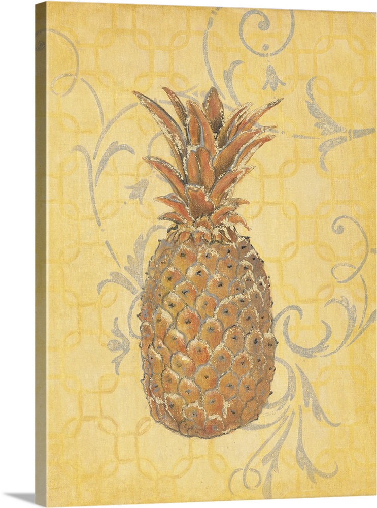 Vintage style illustration of a pineapple on yellow with grey flourishes.