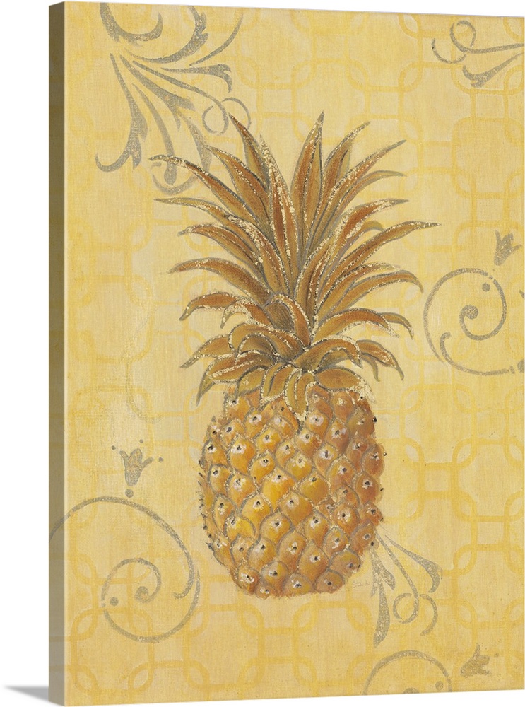 Vintage style illustration of a pineapple on yellow with grey flourishes.