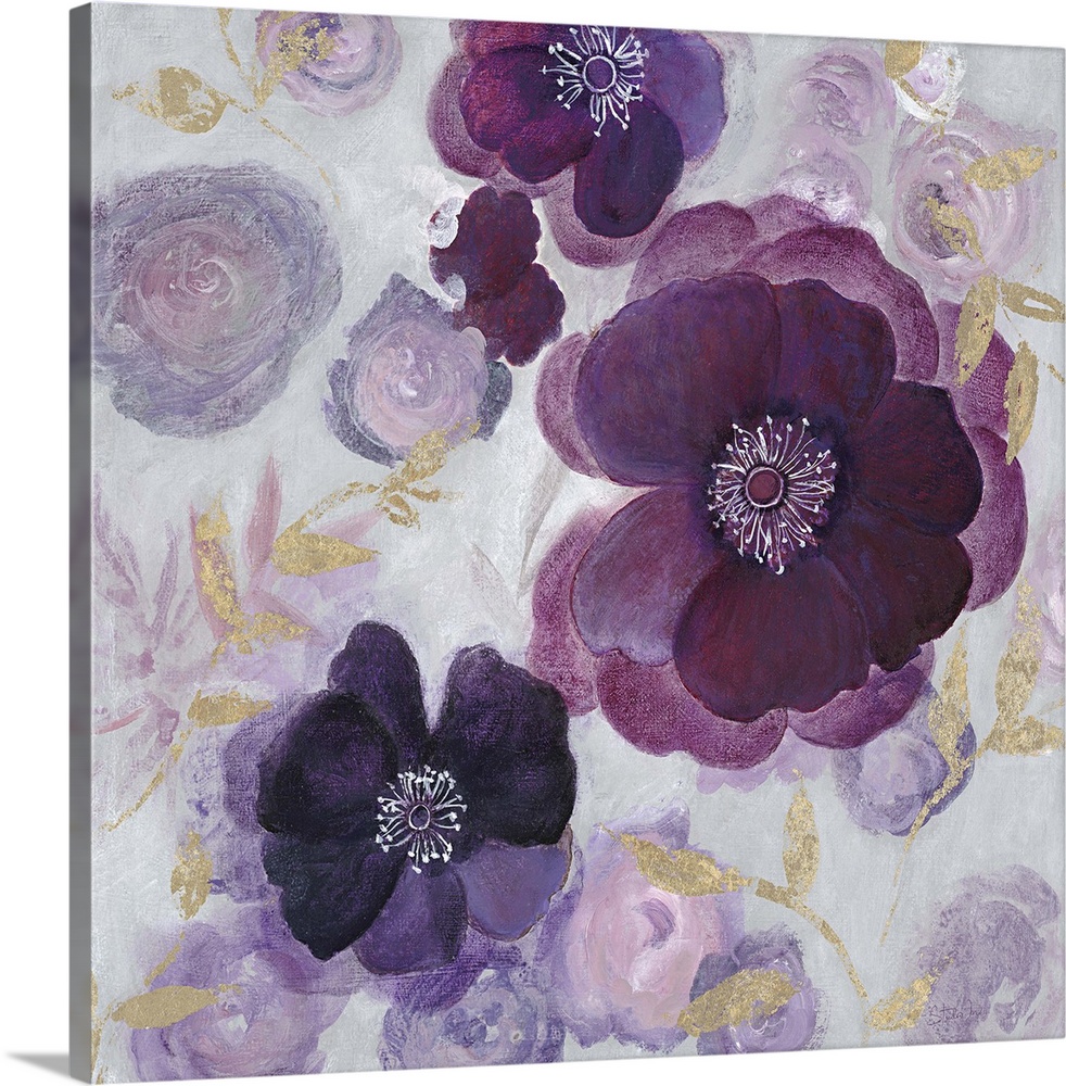 Contemporary home decor artwork of purple flowers against a pale floral background.