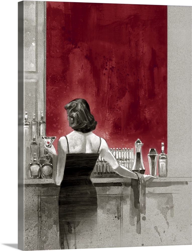 A painting of a woman in a dress standing at a bar with a vibrant red wall, with a drink in her hand.