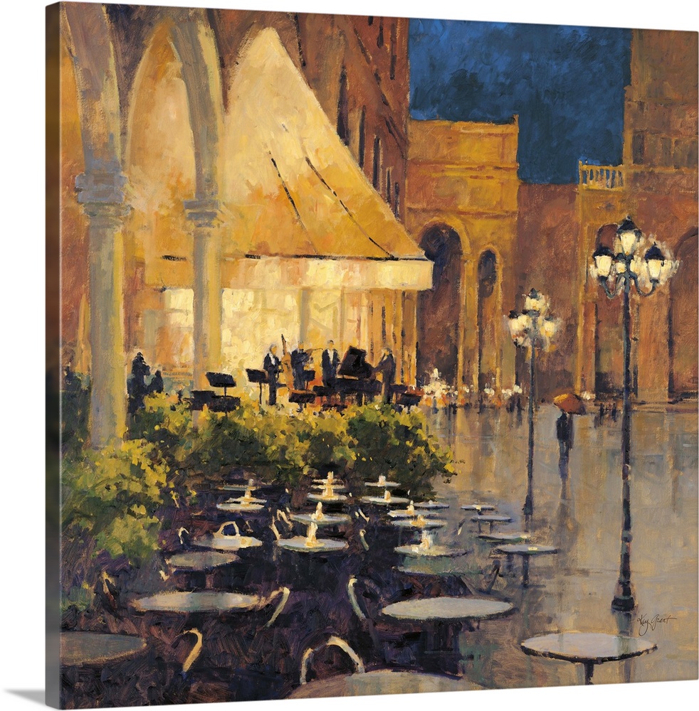 Contemporary painting of a cafe with empty outdoor seating.