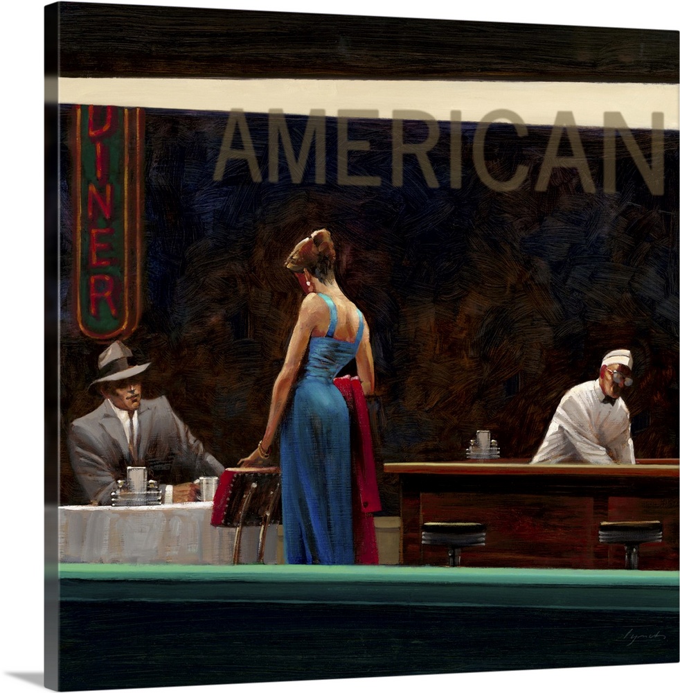 Contemporary painting looking through the window of a diner at night, with a woman in a blue dress approaches a man sittin...