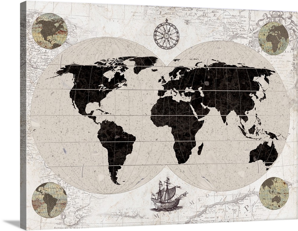 Artwork of an antique old world explorer's map, in dark brown and neutral tones.