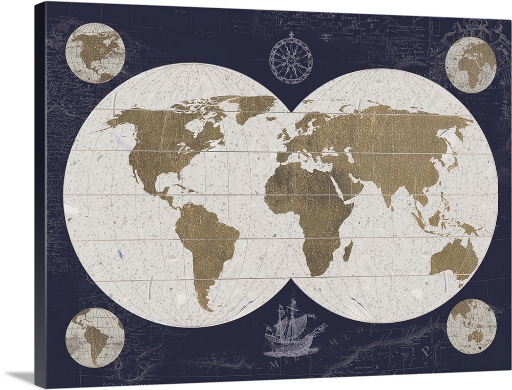 Artwork of an antique old world explorer's map, against a dark blue background.