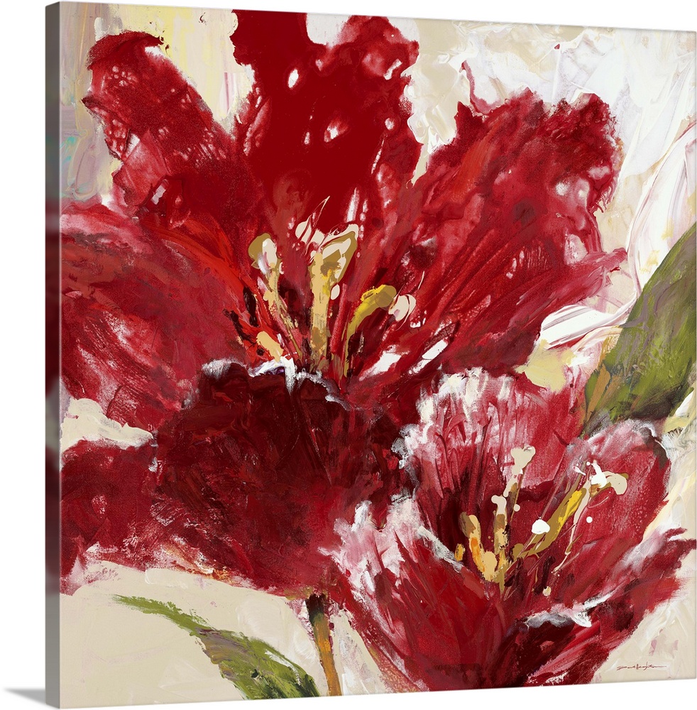 Contemporary painting of vibrant red tulip flowers.