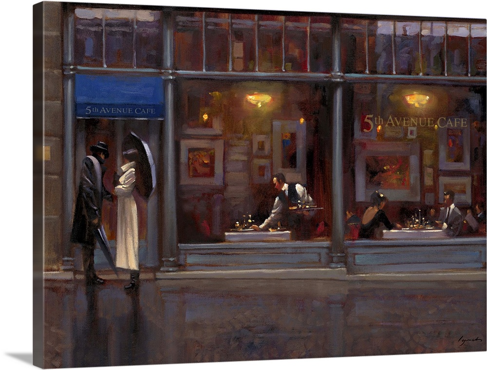 Contemporary painting of a couple standing outside a restaurant door on a rainy evening.