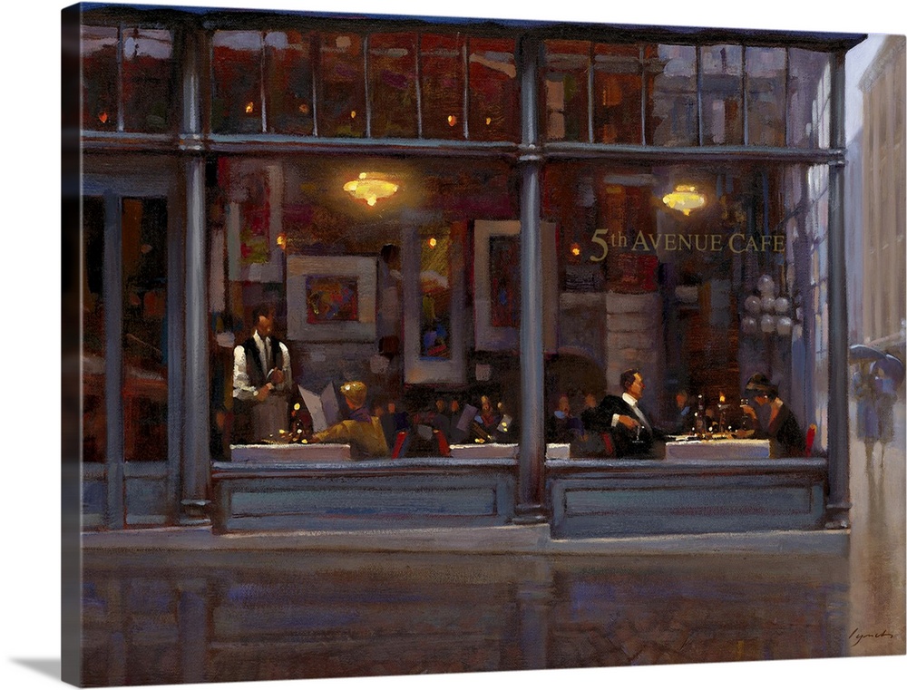 Contemporary painting of a restaurant looking through the front windows at people dining.
