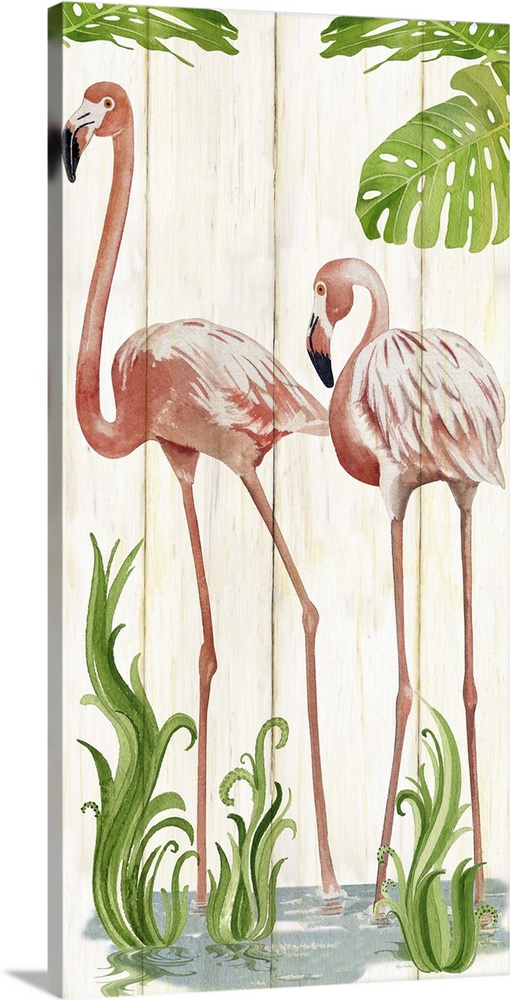 Contemporary watercolor coastal artwork of two flamingos standing side by side.