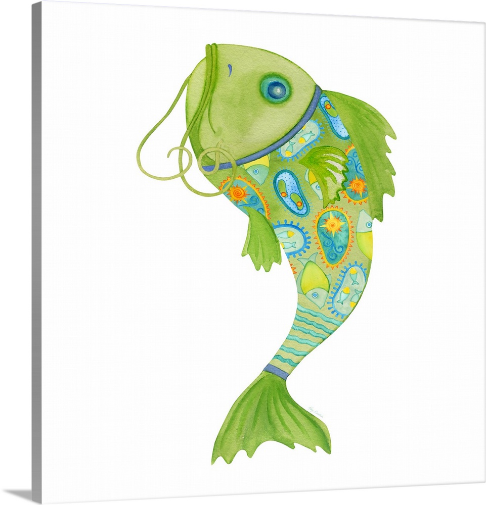 Watercolor painting of a blue and green colored fish with Summer themed illustrations all over.