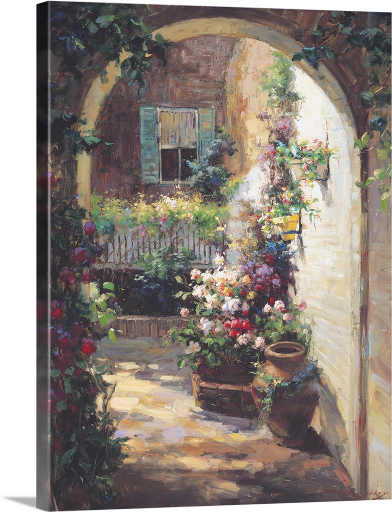 Painting of an archway with potted flowers.