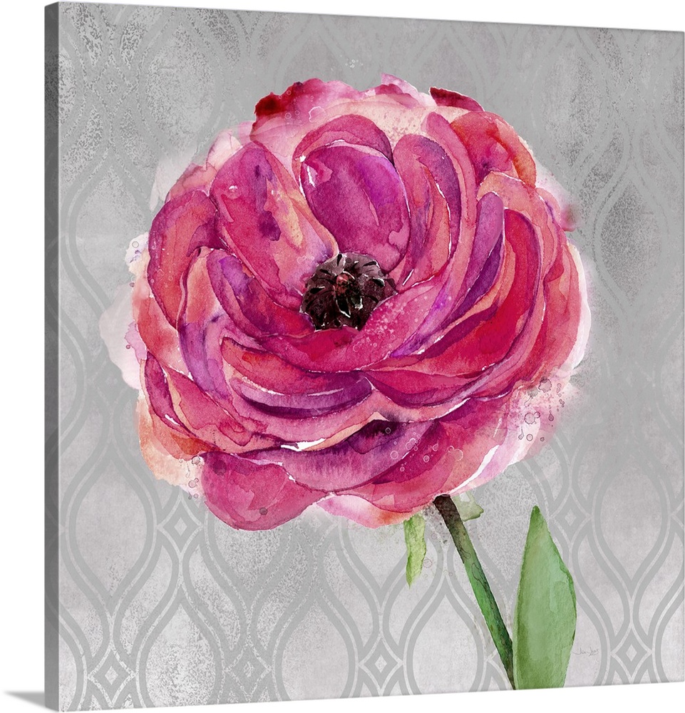 Painting of a pink, red, and purple flower on a gray and silver patterned background.