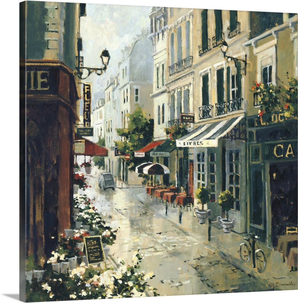 Contemporary painting of a city street wet from reflecting surroundings.