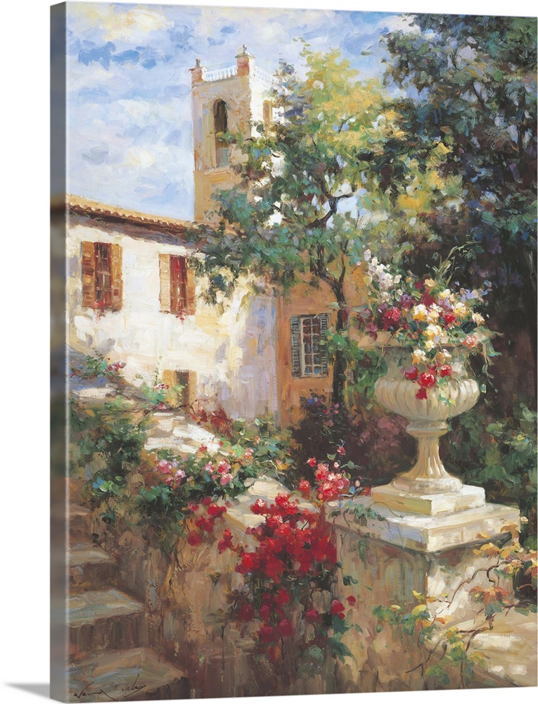 Painting of an urn full of flowers in a garden.