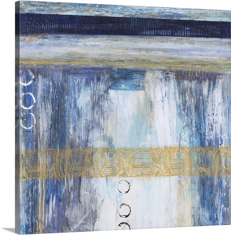 Contemporary abstract painting using blue and neutral tones with hints of gold.