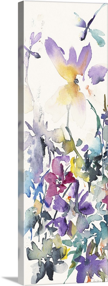 Vertical watercolor painting of a variety of flowers with dragonflies.