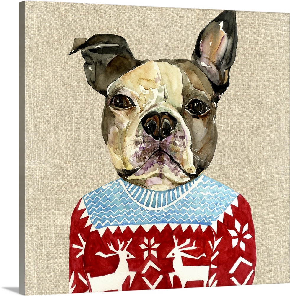 Contemporary artwork of a French Bulldog wearing a holiday sweater.