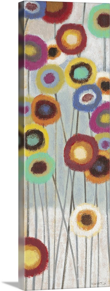 Contemporary abstract painting of colorful flowers on long stems.
