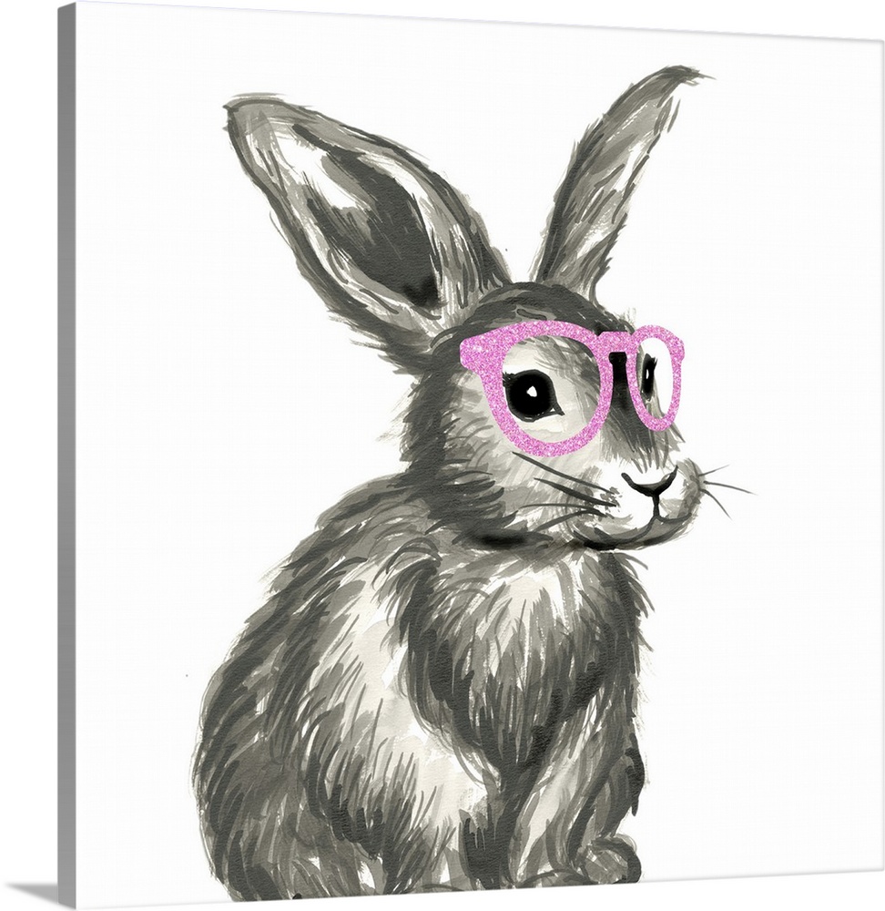 Black and white illustration of a whimsical rabbit wearing pink glitter glasses on a square background.