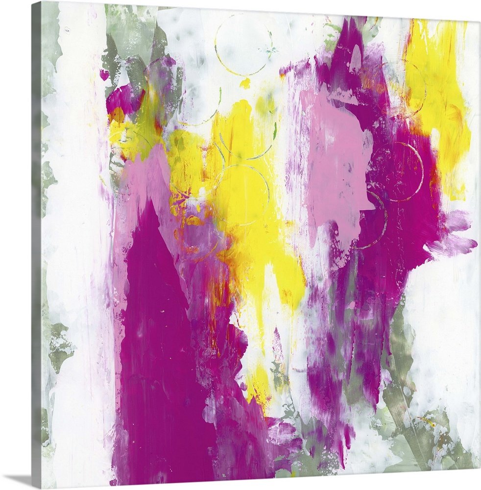 A contemporary abstract painting using splashes of bright pink and purple tones against a predominantly neutral background.