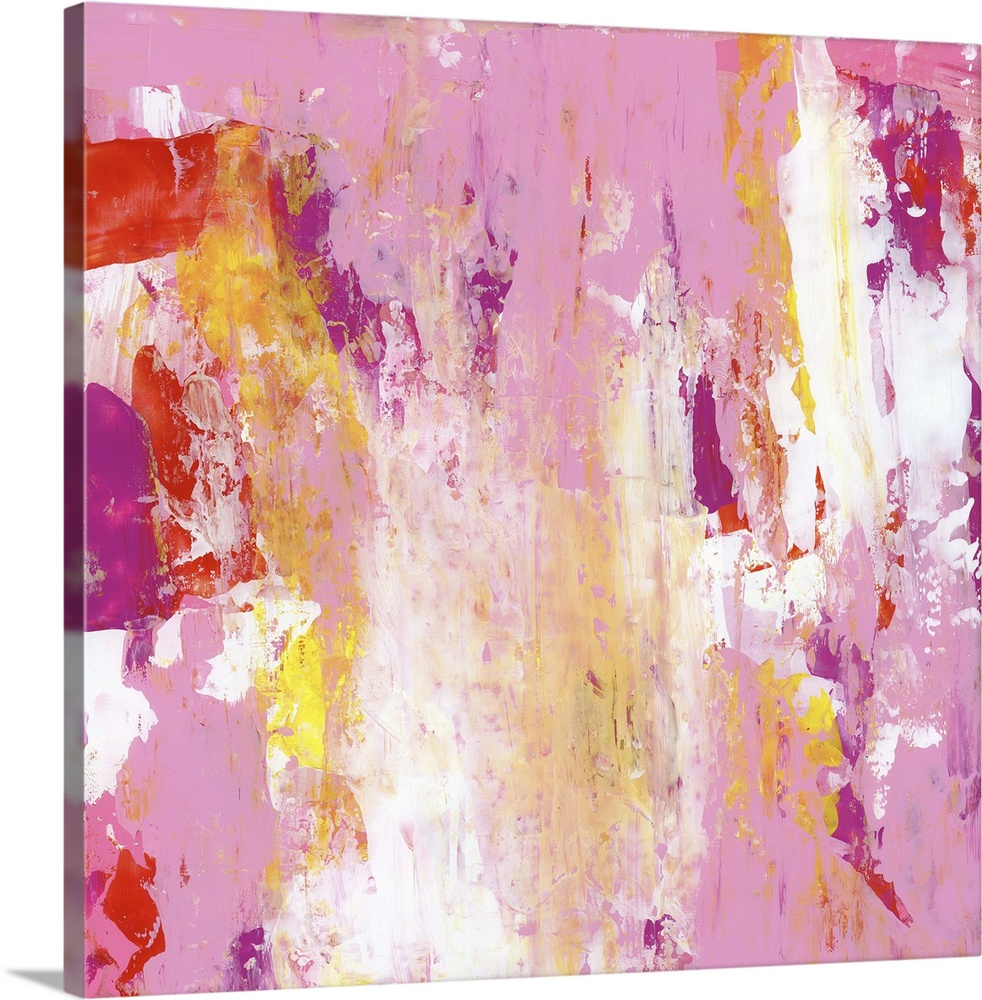 A contemporary abstract painting using splashes of bright pink and purple tones against a predominantly neutral background.