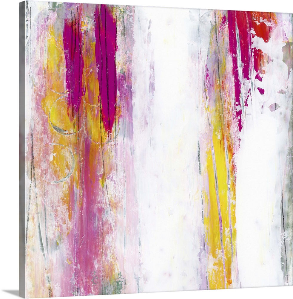 Contemporary abstract painting using vertical fading streaks of pink, purple and yellow.