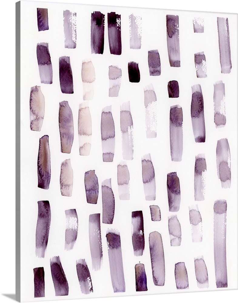 Contemporary abstract painting of multiple vertical streaks of diluted amethyst tones.
