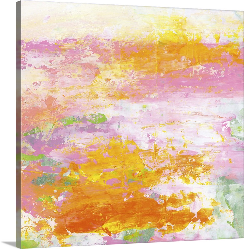 Contemporary abstract painting using vibrant tones of orange and pink against moving in horizontal directions.