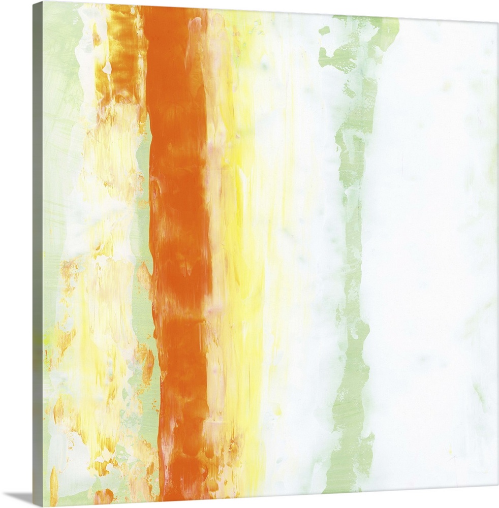 Contemporary abstract painting using vertical strokes of vibrant orange and pale green against a neutral background.