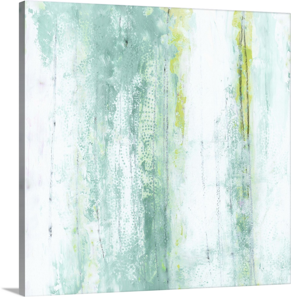Contemporary abstract painting using using vertical strokes of aqua green and blue against a neutral toned background.
