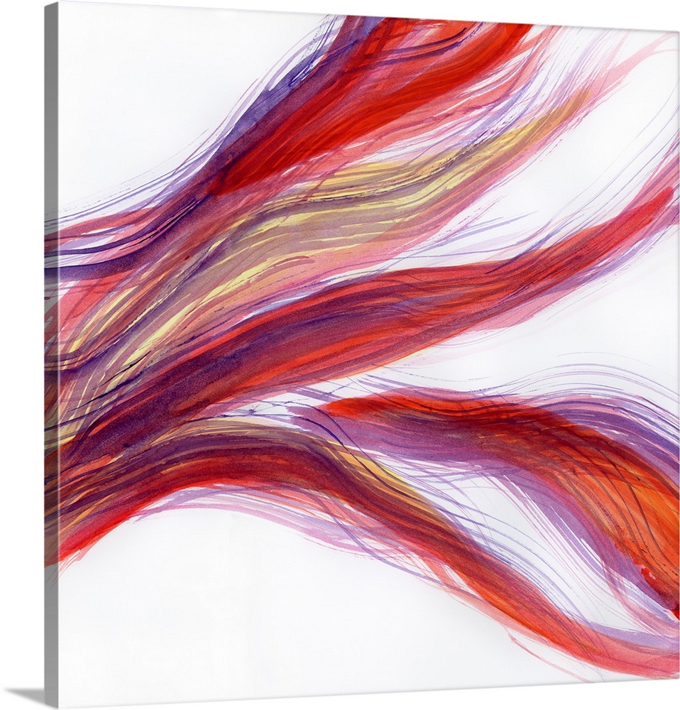 Contemporary abstract painting using tones of purple, red and orange in a flowing movement of sinuous strands of color lik...
