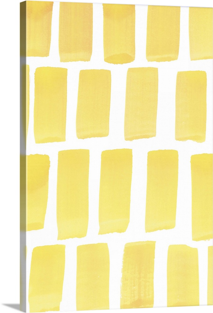 Contemporary abstract painting vertical wide strokes of yellow against a white background.