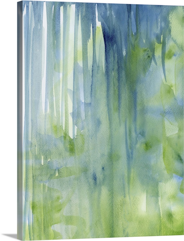 Contemporary abstract painting using green and blue watercolor drips.