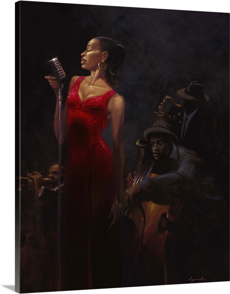 Contemporary painting of woman in a red dress standing at a microphone singing, with a jazz band playing behind her.
