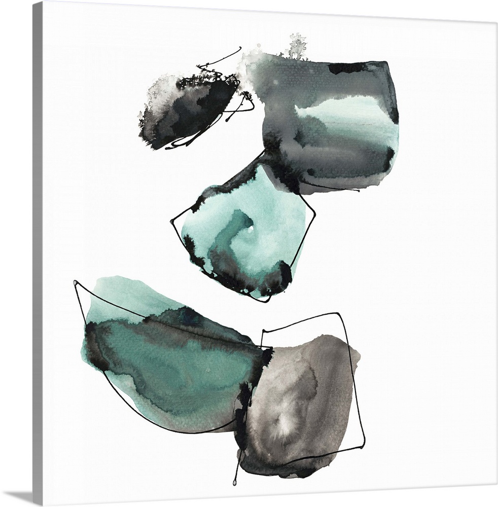 Abstract artwork in grey and turquoise shapes resembling a collection of gemstones.