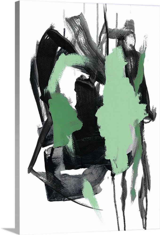 Contemporary abstract painting in grey and light green with dripping paint.
