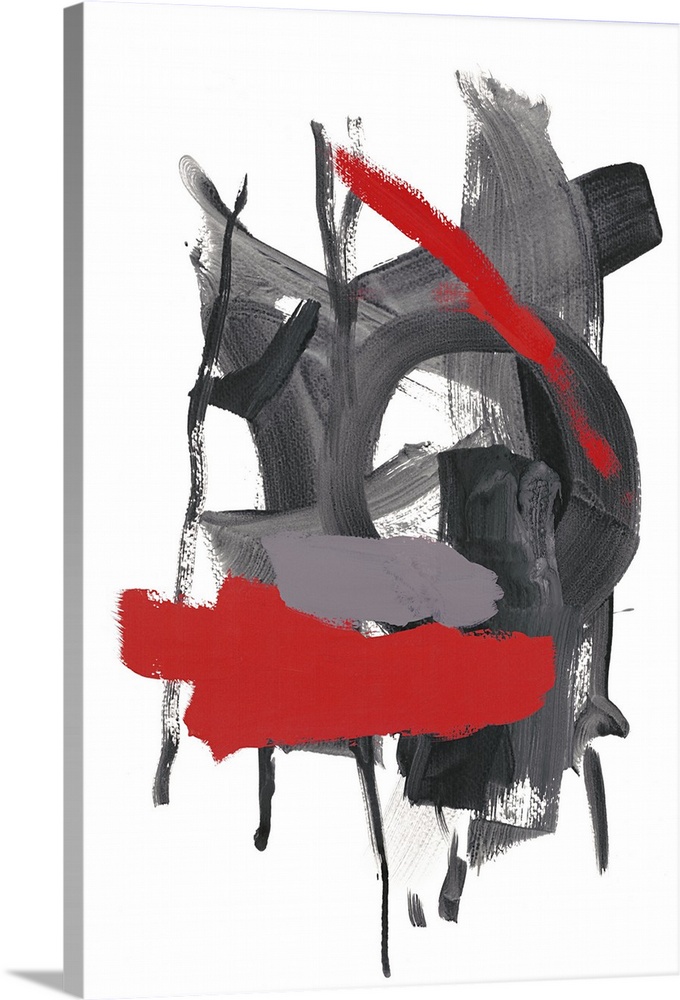 Contemporary abstract painting in grey and red with dripping paint.