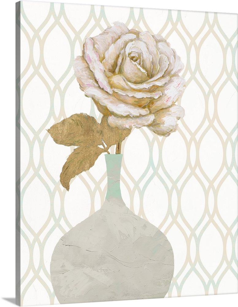 Contemporary painting of a single white and gold rose inside of a gray and teal vase on a patterned background.