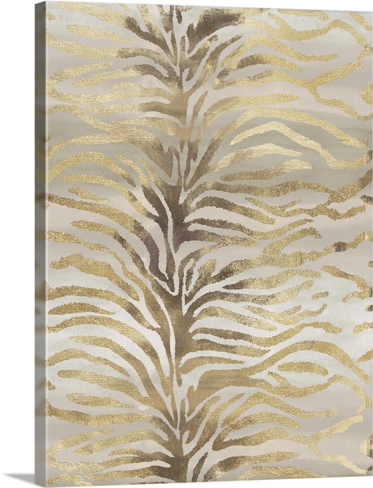 Zebra patterned artwork in shades of grey and gold.