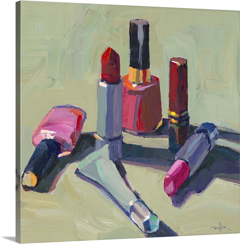Contemporary painting of a different lipstick liners and nail polishes.