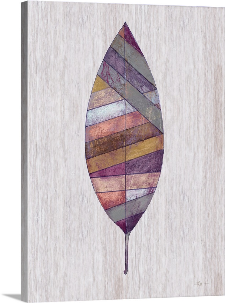 Contemporary painting of a leaf displayed as a wood inlay against a neutral background.
