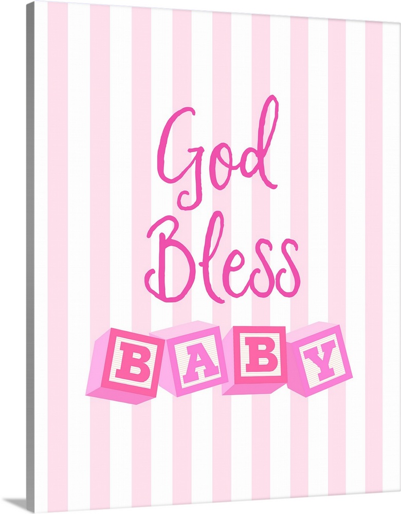 Pink nursery art reading "God bless baby" with letter blocks on stripes.