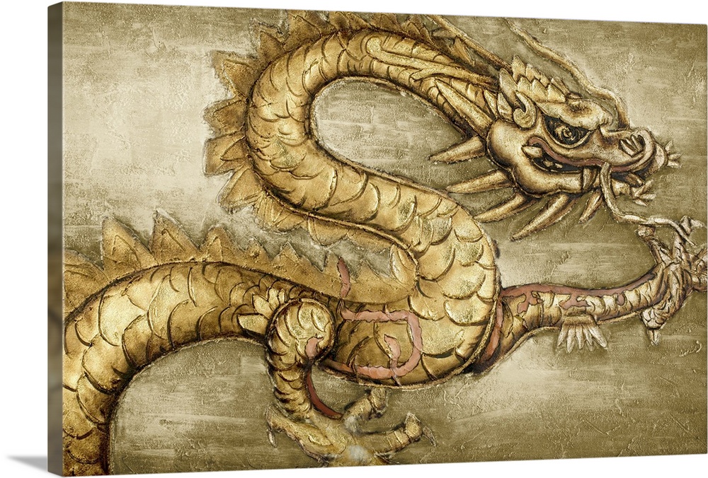 Contemporary home decor artwork of a golden wall with a ferocious dragon on it.