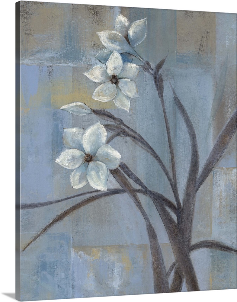 Contemporary painting of three white tulips and slender leaves and stems.