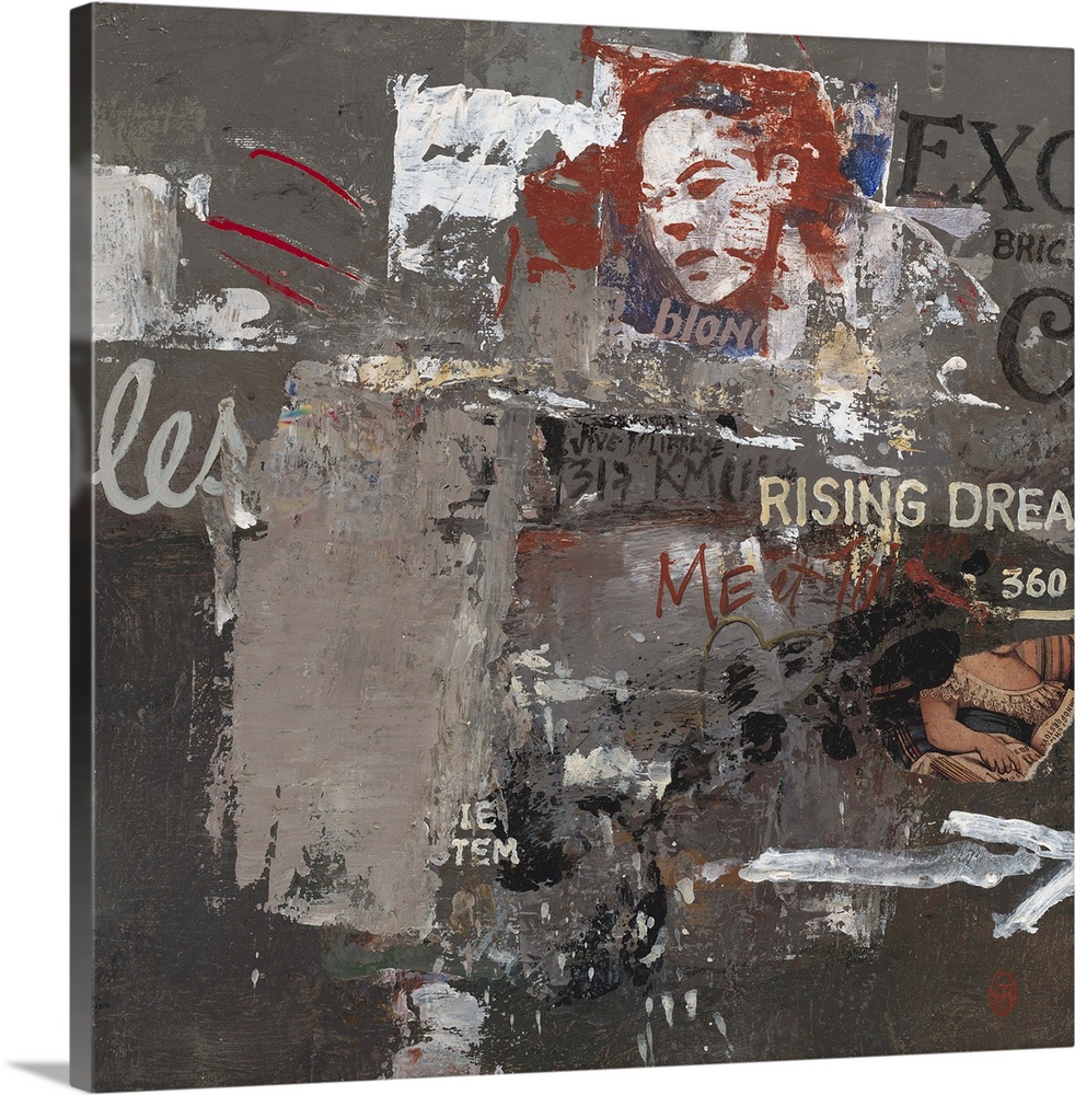 Contemporary painting of graffiti and clippings arranged in a collage in moody grey tones.