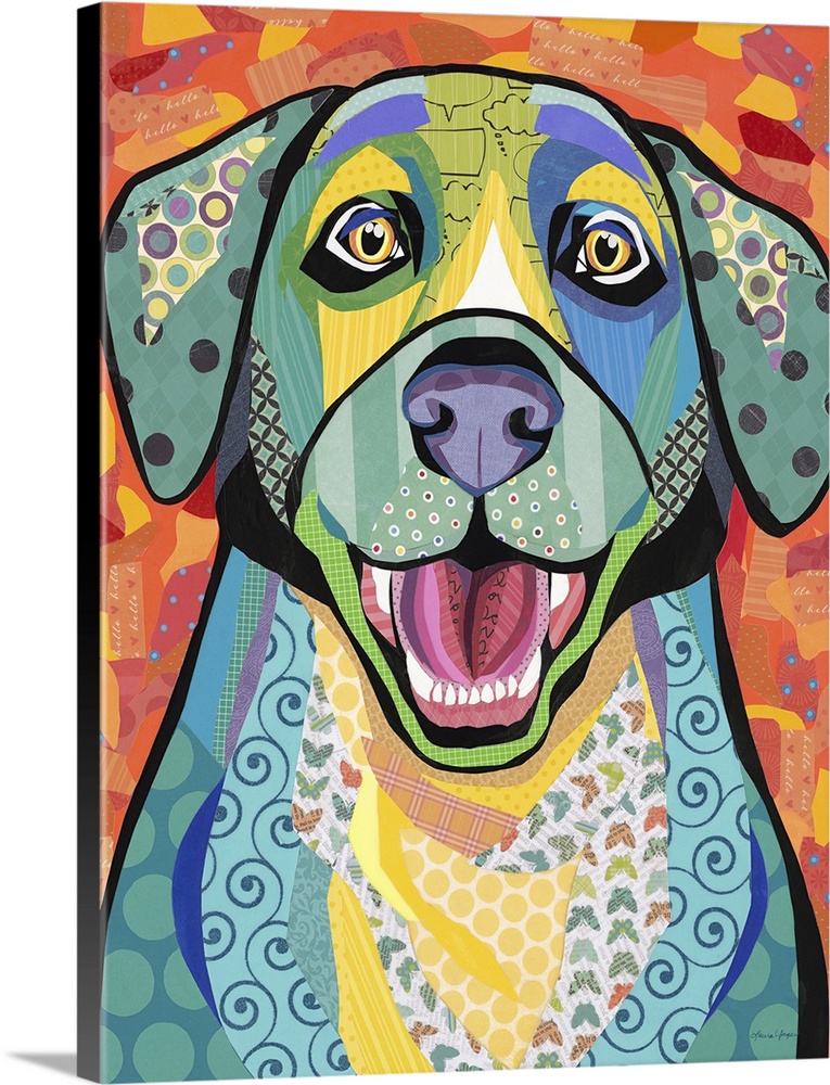 Colorful collage artwork of an excited Labrador Retriever.