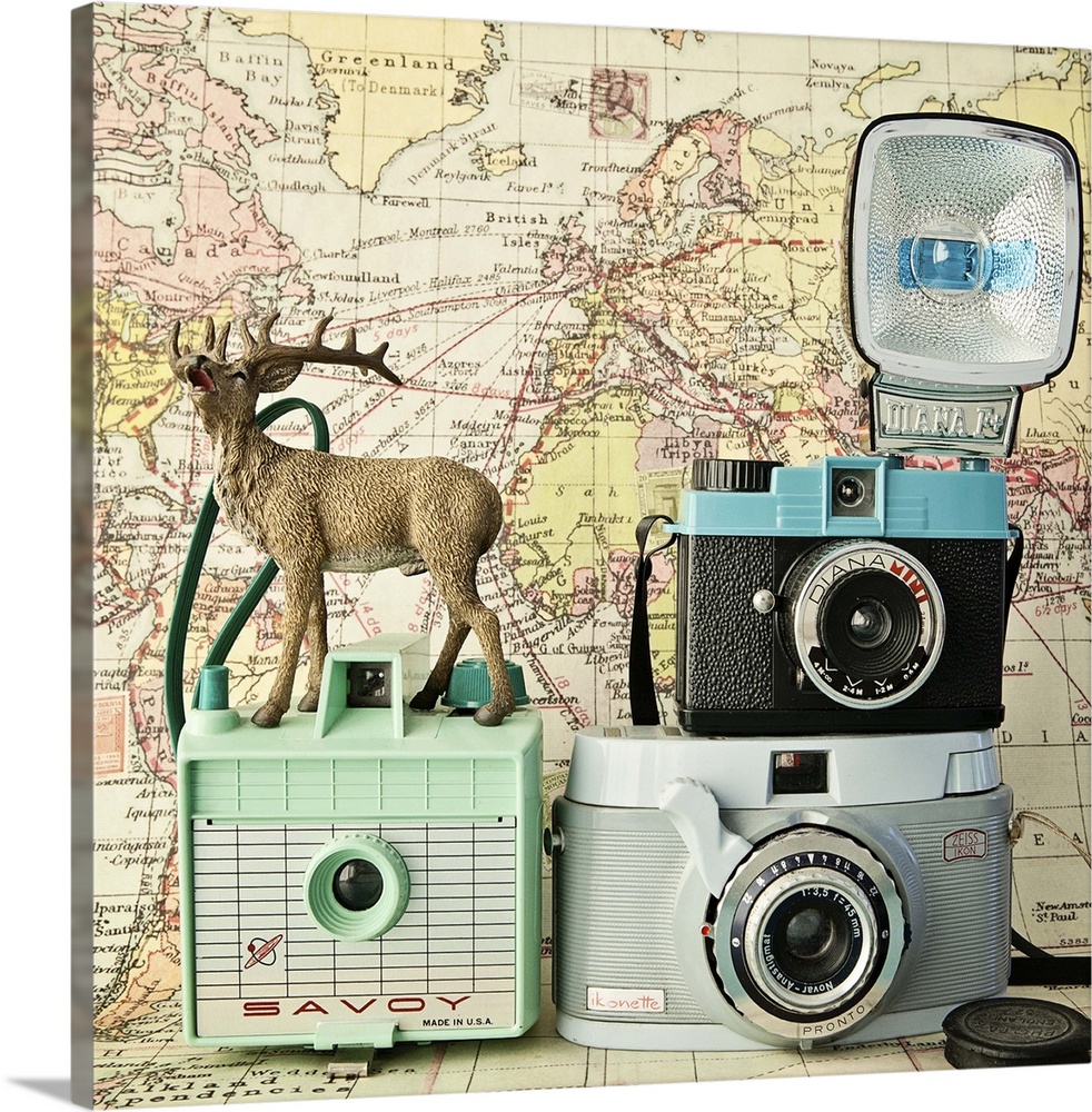 A toy deer on a set of three vintage cameras with a map backdrop.