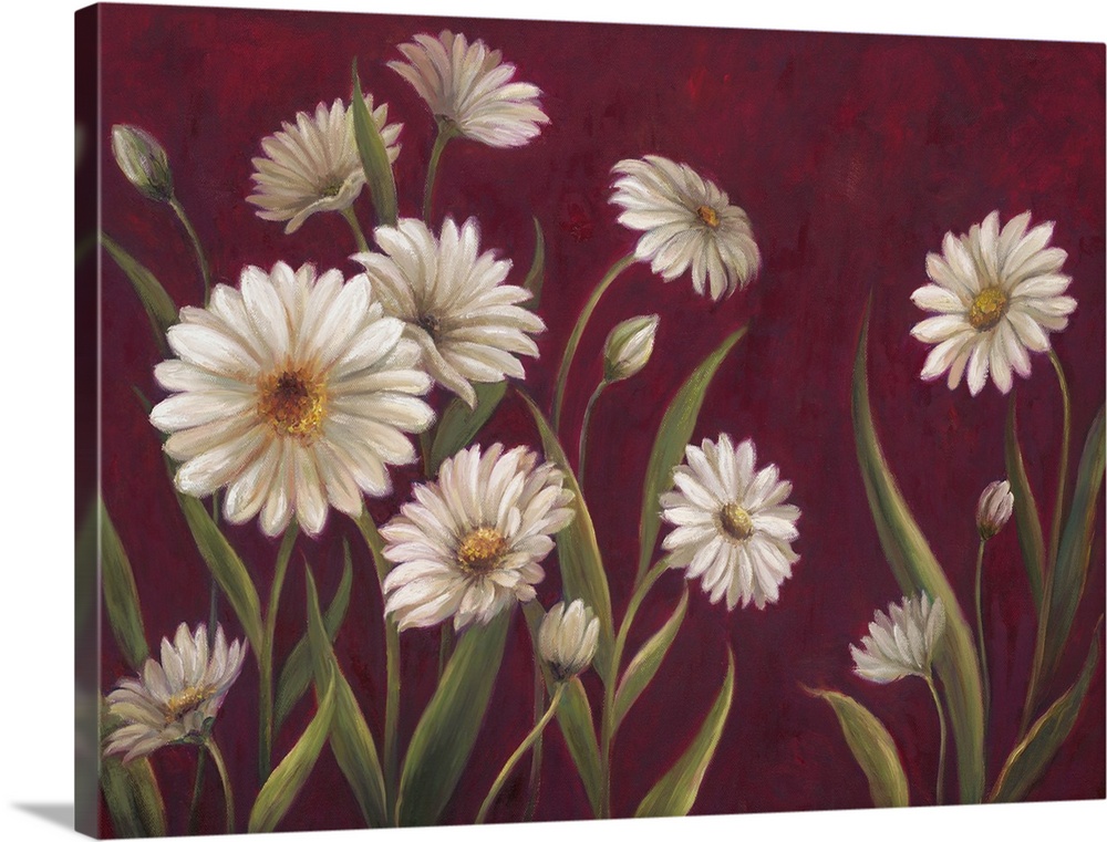 Home decor artwork of white daisies against a deep red background.
